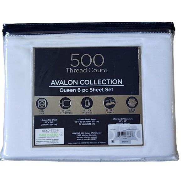 Queen 6 pcs White Sheet Set 500 Thread Count Cotton‎ by Avalon Collection - Picture 1 of 10